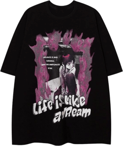 Women Men Y2K Anime T-Shirts Gothic Vintage Tees Grunge Emo Alt Graphic Flame Girl Preppy Aesthetic Streetwear 2000s Medium Black