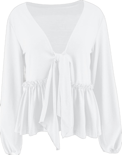 Fanway&EC Women's Long Sleeve V Neck Blouses Babydoll Tie Front Shirts Ruffle Hem Casual Crop Tops XX-Large White