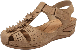 Eduavar Summer Sandals for Women, Women Sandals Dressy Comfortable Close Toe Sandals Cutout Wedge Sandals Shoes Beige 8.5