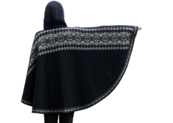Black and Navy Woolen poncho with Fair Isle pattern Hooded Nordic cape on the Norwegian clasps for Women Wide Icelandic cardigan Woollana