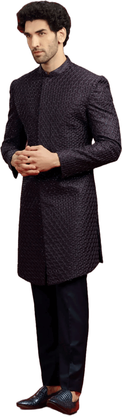 Deep Wine Marron Embellished Cocktail Sherwani Set with Navy Embroidered For Groom Wedding Royal look and For Best man