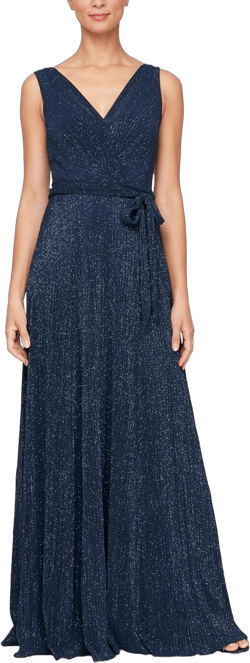 Alex Evenings Women's Sleeveless V-Neck Long A-line, Elegant Formal Gown, Wedding Guest, Party Dress 12 Navy Glitter