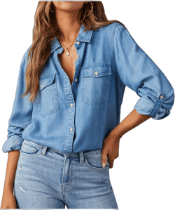 ctdiral Denim Shirt Women Casual Long Roll Up Sleeve Button Down Blouses Chambray Denim Shirt Pockets Jean Western Shirts X-Large Blue