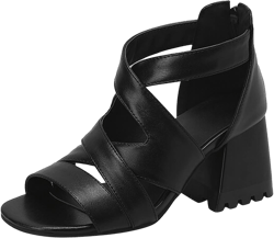 Sandals with Back Strap for Women Ladies Fashion Leather Snakeskin Hollow Open Toe Thick High Heel Back Zipper Roman Sandals Leather Sandals for Women Size 4 (Black, 7.5)