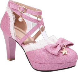 Women's Glitter Chunky High Heels Mary Jane Pumps Shoes Round Toe Platform Bow Lolita Party Dress Shoe 10.5 Pink