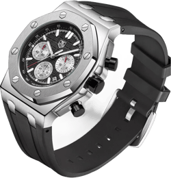 Men's Watch Silicone Band, Quartz Analog Waterproof Multifunction Chronograph Sports Watch for Men with Calendar Black Rubber Strap Silver Black