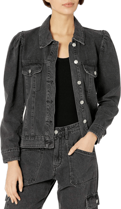 KENDALL + KYLIE Women's Puff Sleeve Denim Jacket - Amazon Exclusive Large Black Acid Wash