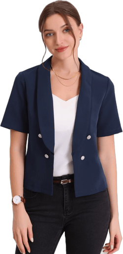 Allegra K Women's Regular Fit Shawl Collar Open Front Short Sleeve Work Office Suit Blazer Navy Blue X-Small