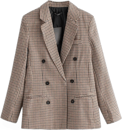 Fashion Women Plaid Blazer Coat Retro Stripe Print Button Shoulder Pads Suit Coats Sunmoot (Medium, Coffee)