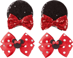 2 Pairs Mouse Ears Hair Clips & Mouse Hair Bows Barrettes for Women Girls Costume Accessories Birthday Party Decorations Red