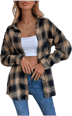 AKOEE Plaid Flannel Shirt Jackets for Women Classic Button Down Long Sleeve Lattice Loose Pocket Fall Coat Outerwear (X-Large, Yellow)