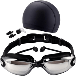 通用 Swimming Goggles Cap Set, Anti Fog UV Protection Goggles with Nose Clip Ear Plugs Silicone Swimming Hat for Men Women Young Adult Children