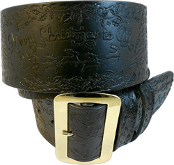 Tooled Santa Claus Belt & Buckle, Merry Christmas to All, 3" Wide Black Solid Leather, with 2 Keepers