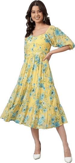Janasya Women's Yellow Flowy Floral Print Flared Calf Length Casual Evening wear Trendy Dress for Women X-Small Yellow