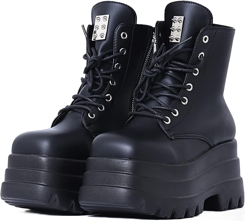 femflame Women's Black Platform Boots Goth Punk Wedge Heel Ankle Booties Round Toe Studded Combat Boots for Women 8 Black
