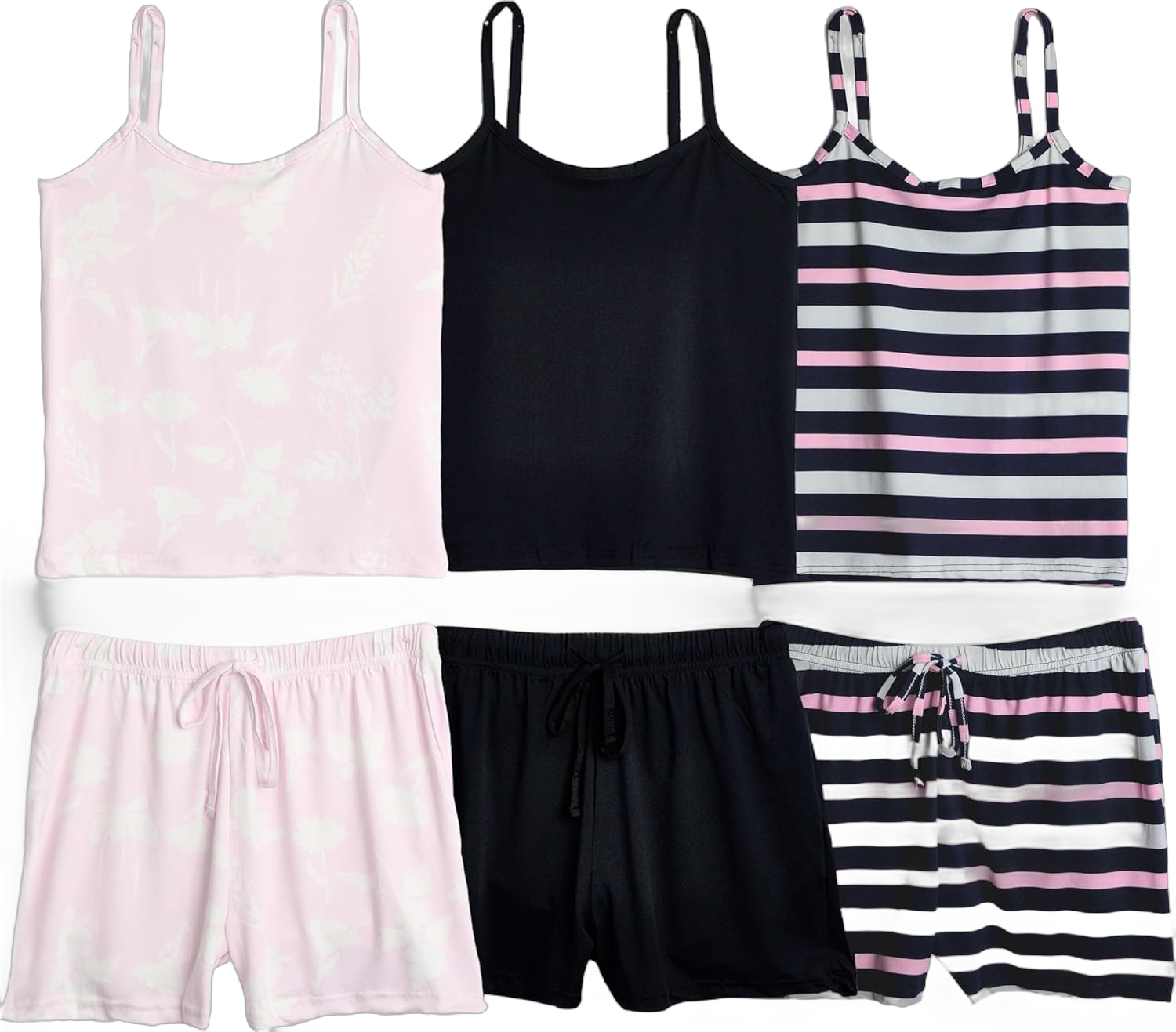Real Essentials 3 Pack: Women's Super Soft Pajama Set - Cute Cami Lounge Short and Top PJs Set (Available in Plus Size) Standard Large Set 4