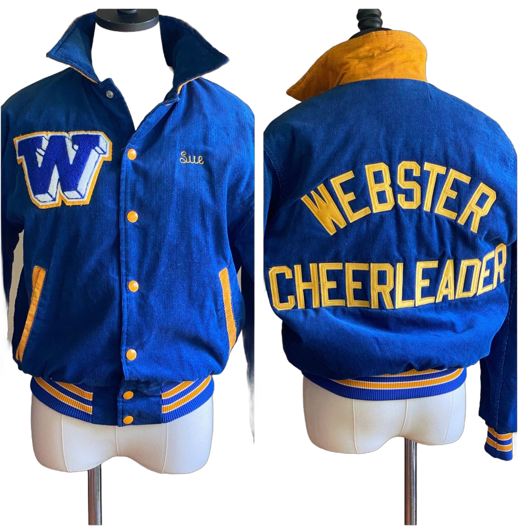 Vintage 1980’s cheerleader jacket blue corduroy varsity letterman coat Webster NY Rennoe