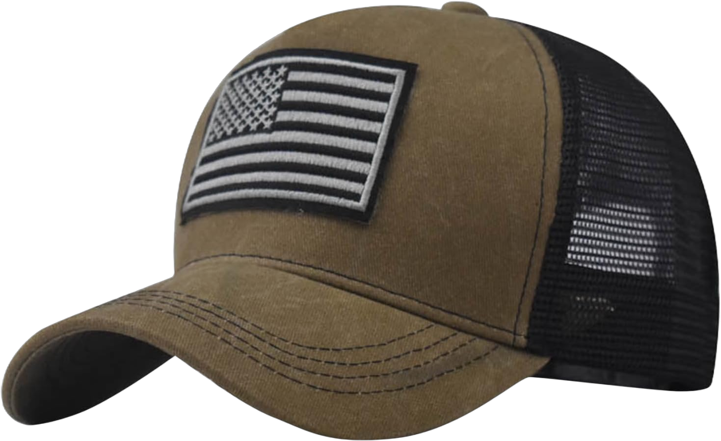FUDERU Women’s Adjustable American Flag Mesh Baseball Cap Back Strap Athletic Trucker Hat Embroidered Patch US Dad Hat One Size Khaki