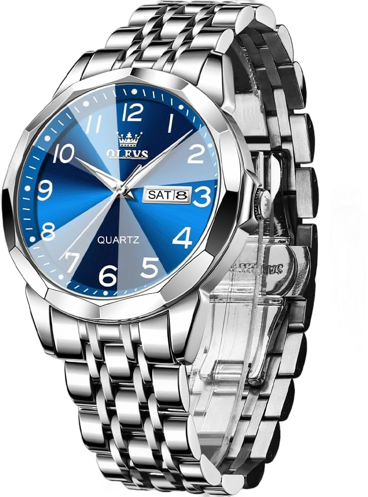 OLEVS Watch for Men Simple Business Dress Analog Stainless Steel Waterproof Luminous Date Easy Read Men Wrsit Watch blue silver watch for men 9970