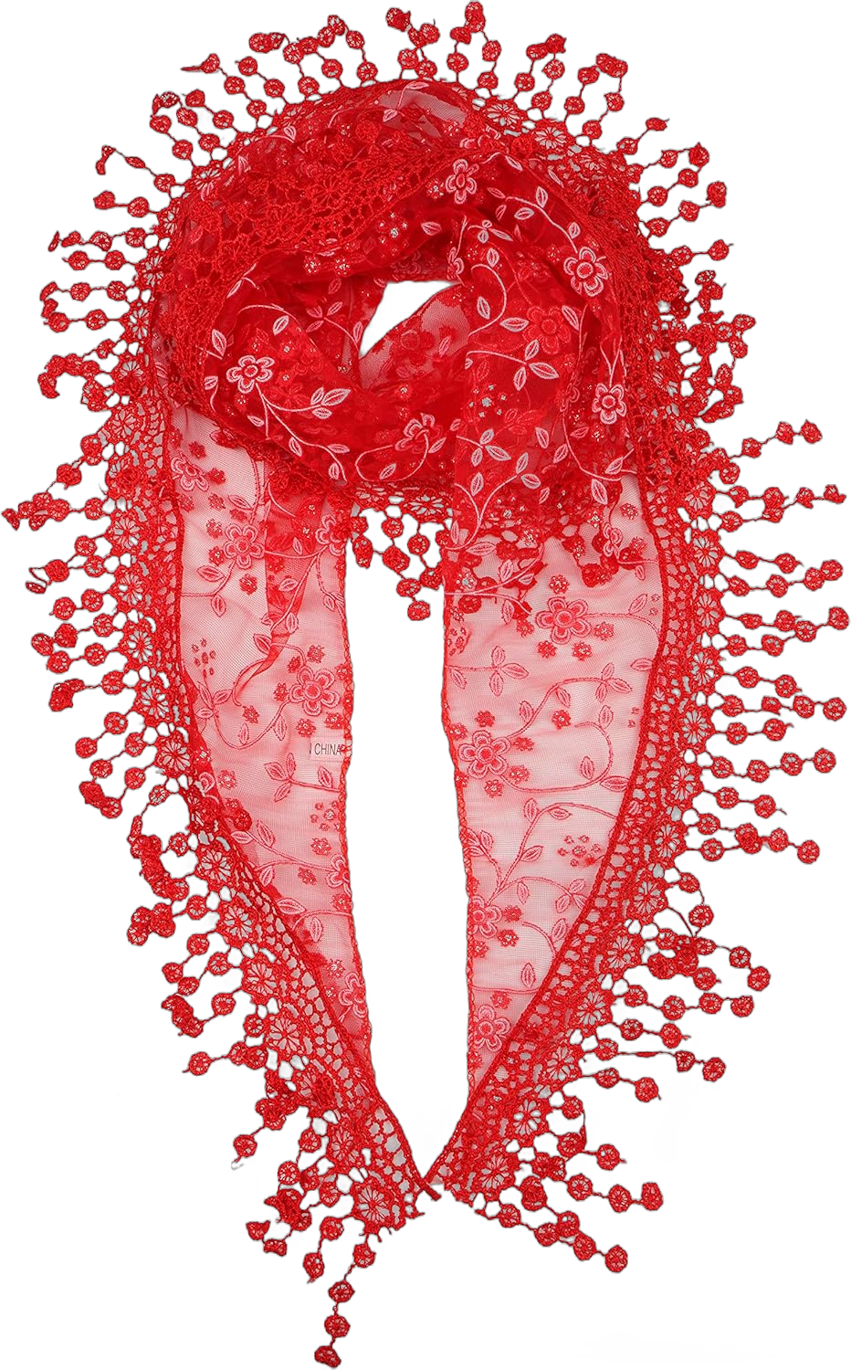 YOUR SMILE Lightweight Soft Leaf Lace Fringes Triangular Floral Fashion Towel Scarf Wrap for Women Red