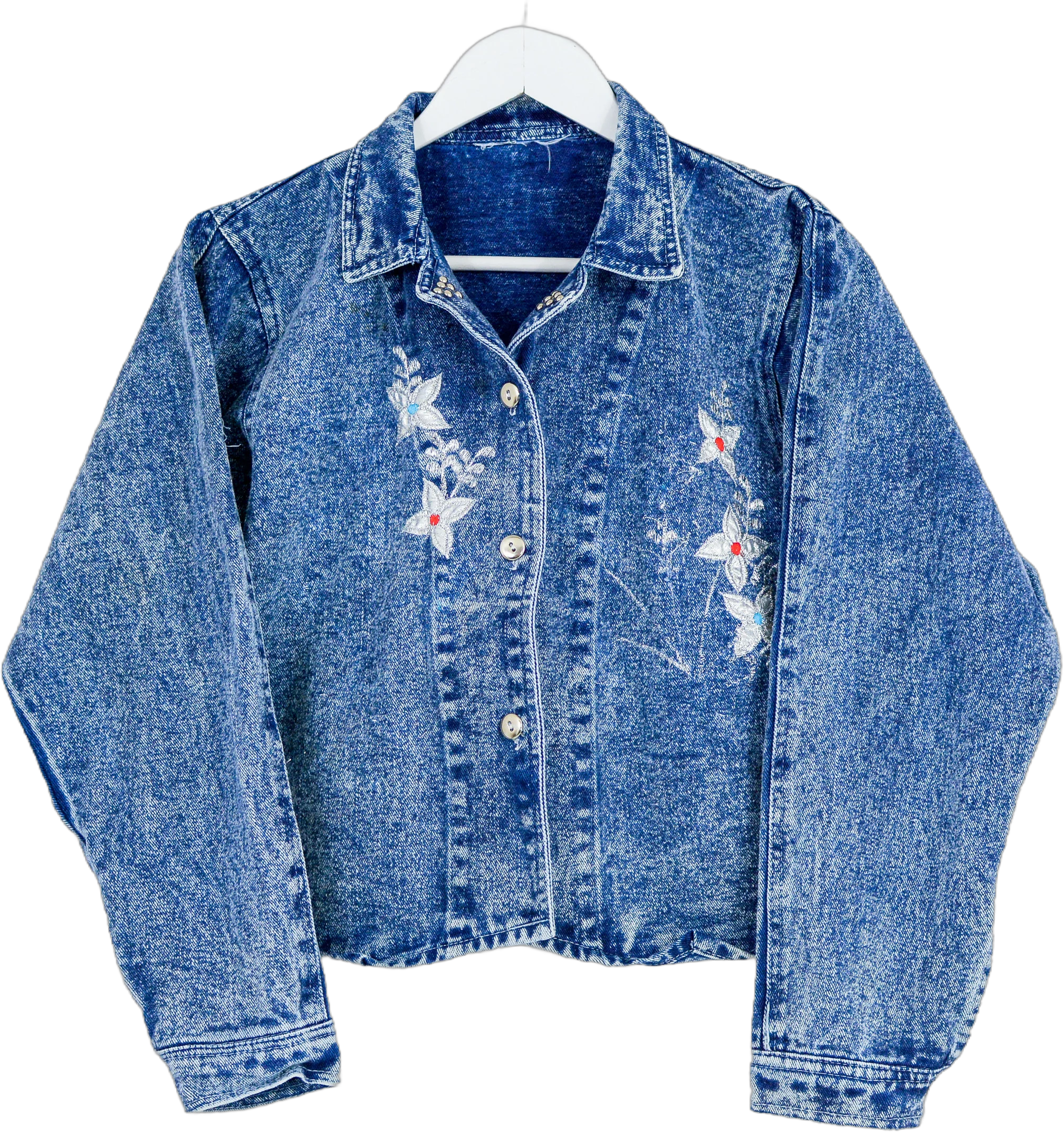 Vintage 80s denim jacket blue stonewashed floral patch cropped women S/M