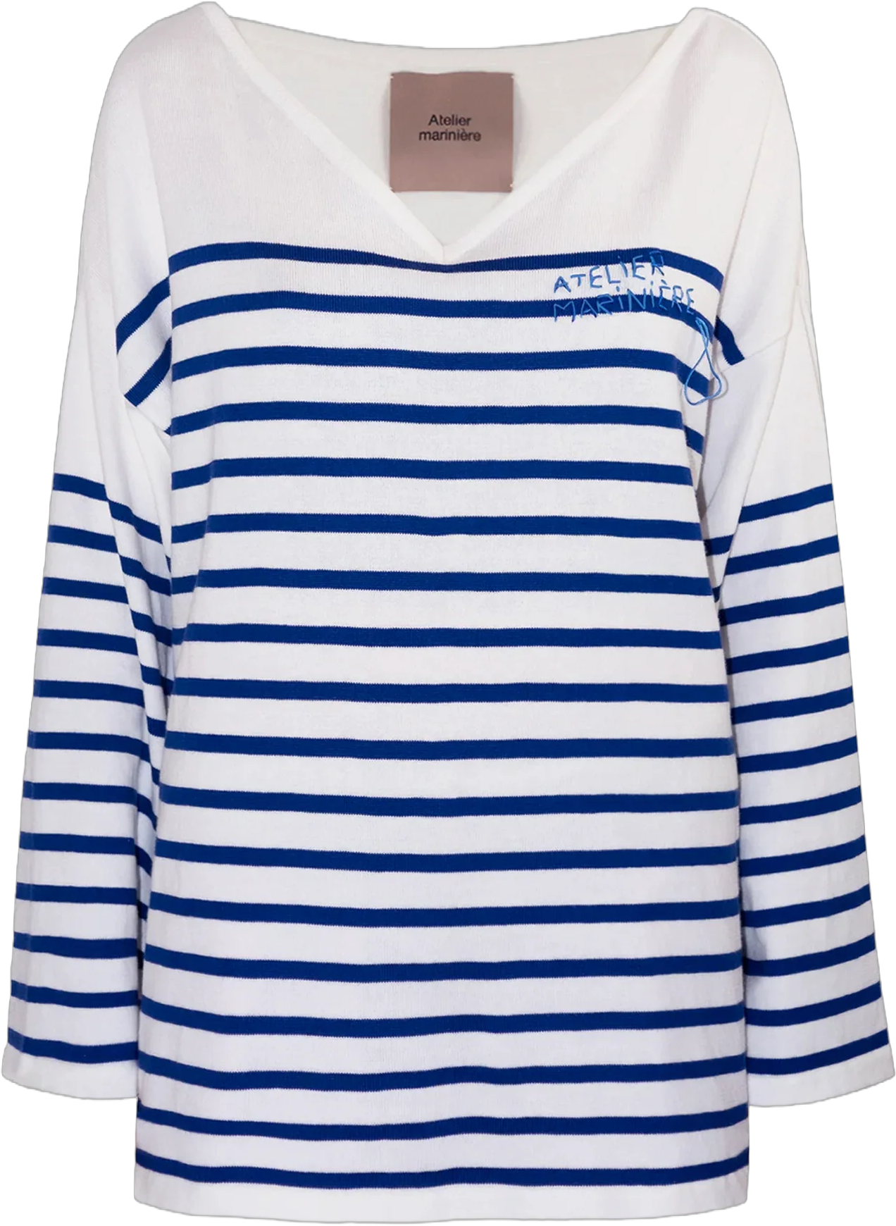 Women's Striped Breton Shirt - 100% Organic Cotton - V-Neck - White / Blue Stripes