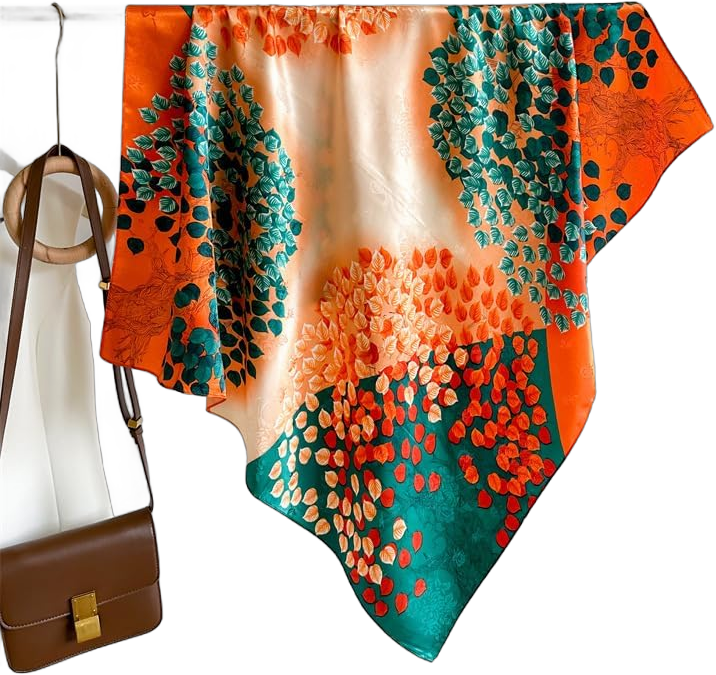 Women's Square Silk Like Head Scarf Large 35 inch Silk Feeling Hair Wrapping Satin Scarves for Sleeping Bandanas A024-1 Twill Jacquard Leaf Orange