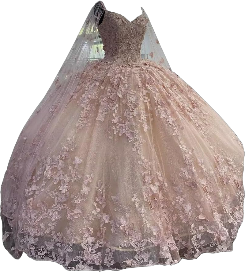 Butterfly Floral Lace Princess Quinceanera Dresses with Cape Beading Pageant Formal Dress Women 2025 6 Light Pink