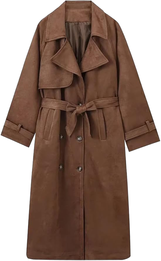 Womens Faux Suede Trench Coat Long Suede Leather Jacket Double Breasted Pea Coat with Belt Brown Large