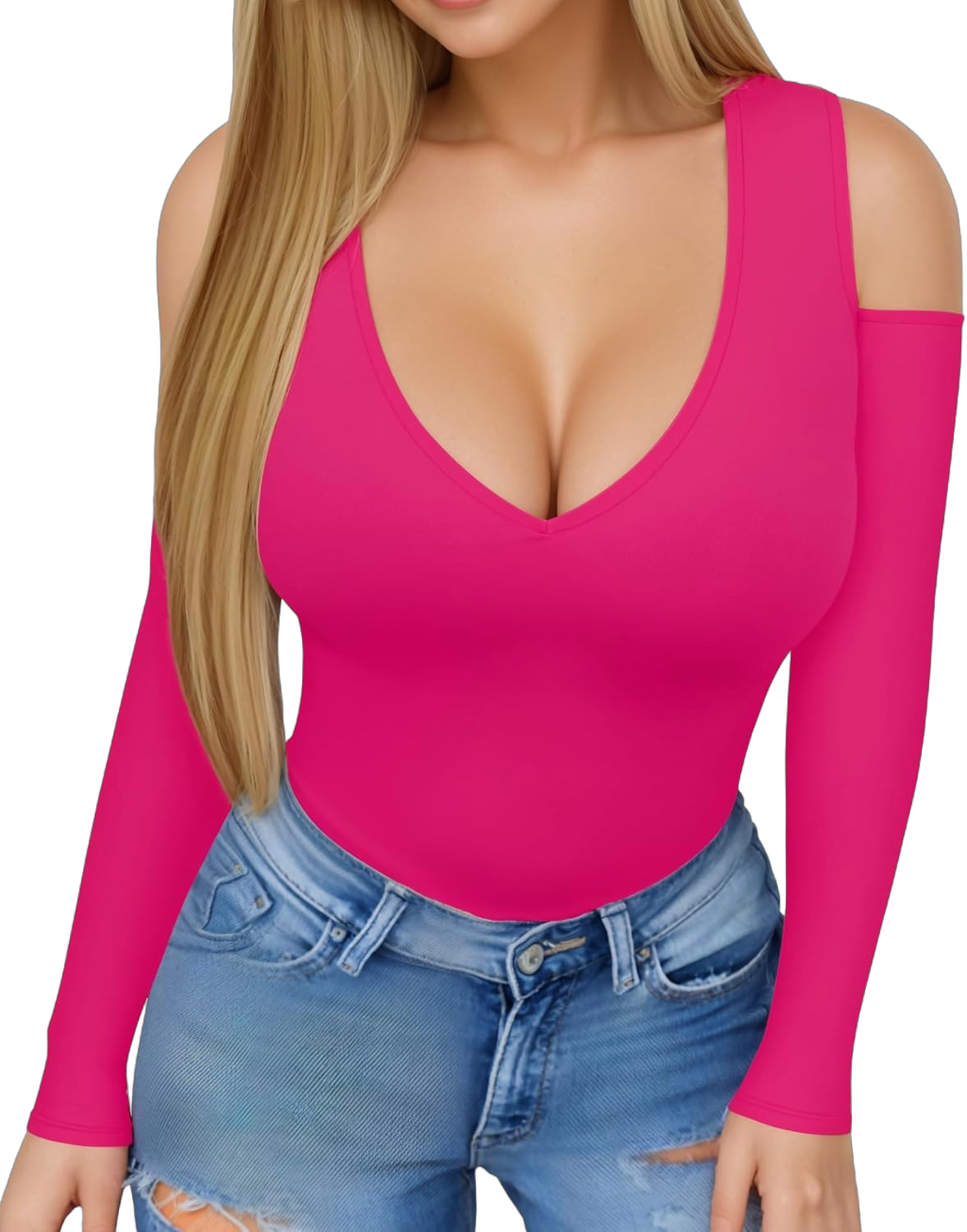 HERLOLLYCHIPS Womens Long Sleeve Tops Deep V Neck Cold Shoulder Tight Fitted Sexy Casual Fall Winter Tee T-Shirts Long Sleeve Bright/Neon/Hot Pink X-Large