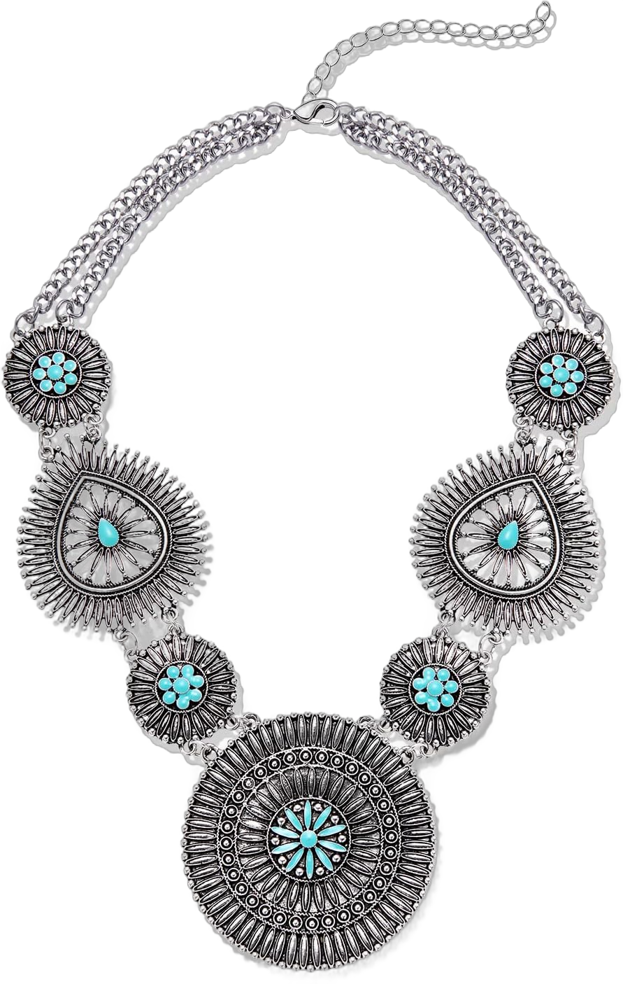NLCAC Turquoise Statement Necklace Boho Squash Blossom Concho Pendant Collar Bib Necklace Western Turquoise Jewelry for Women