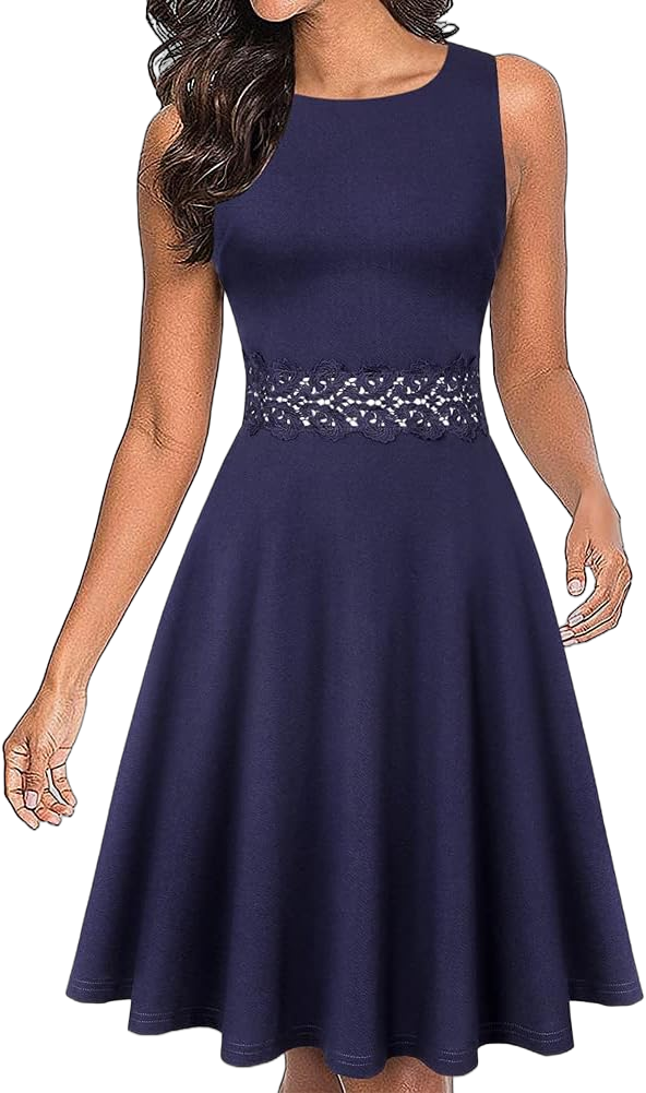 OWIN Women's Vintage Floral Lace Flared A-Line Swing Casual Party Cocktail Dresses Sleeveless XX-Large Pure Navy Blue