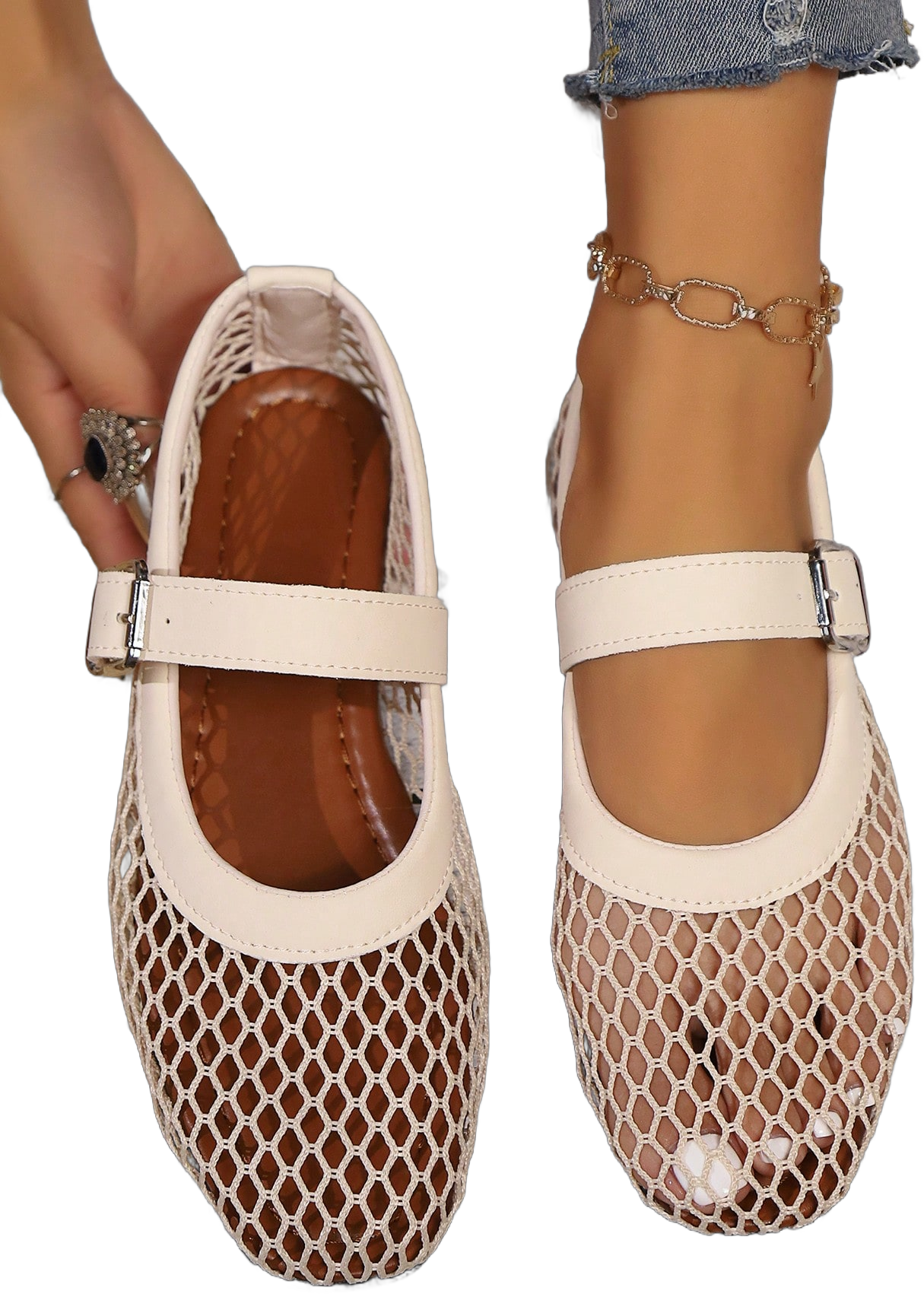 New Women's Mesh Loafers, Fashionable & Versatile Breathable Netted Footwear, Slip-On Buckle Mary Jane Style, Lightweight And Soft-Sole Casual Flat Shoes In Beige Color, Suitable For Fashionable Young Women