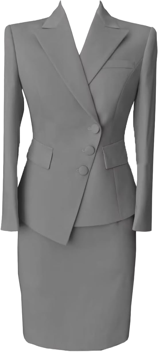 Women's 2 Piece Skirt Suit Lady Business Blazer Set Long Sleeve Slim Fit Jacket and Pencil Skirt Grey 6