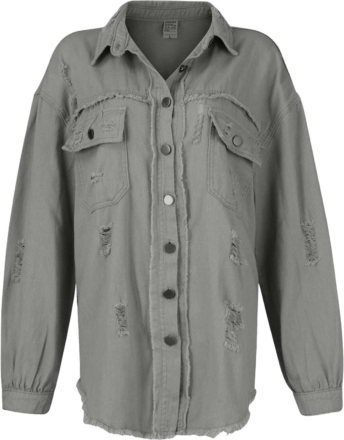 Trendy Casual Women's Oversized Jean Shacket Solid Color Long Sleeve Distressed Jacket with Pockets