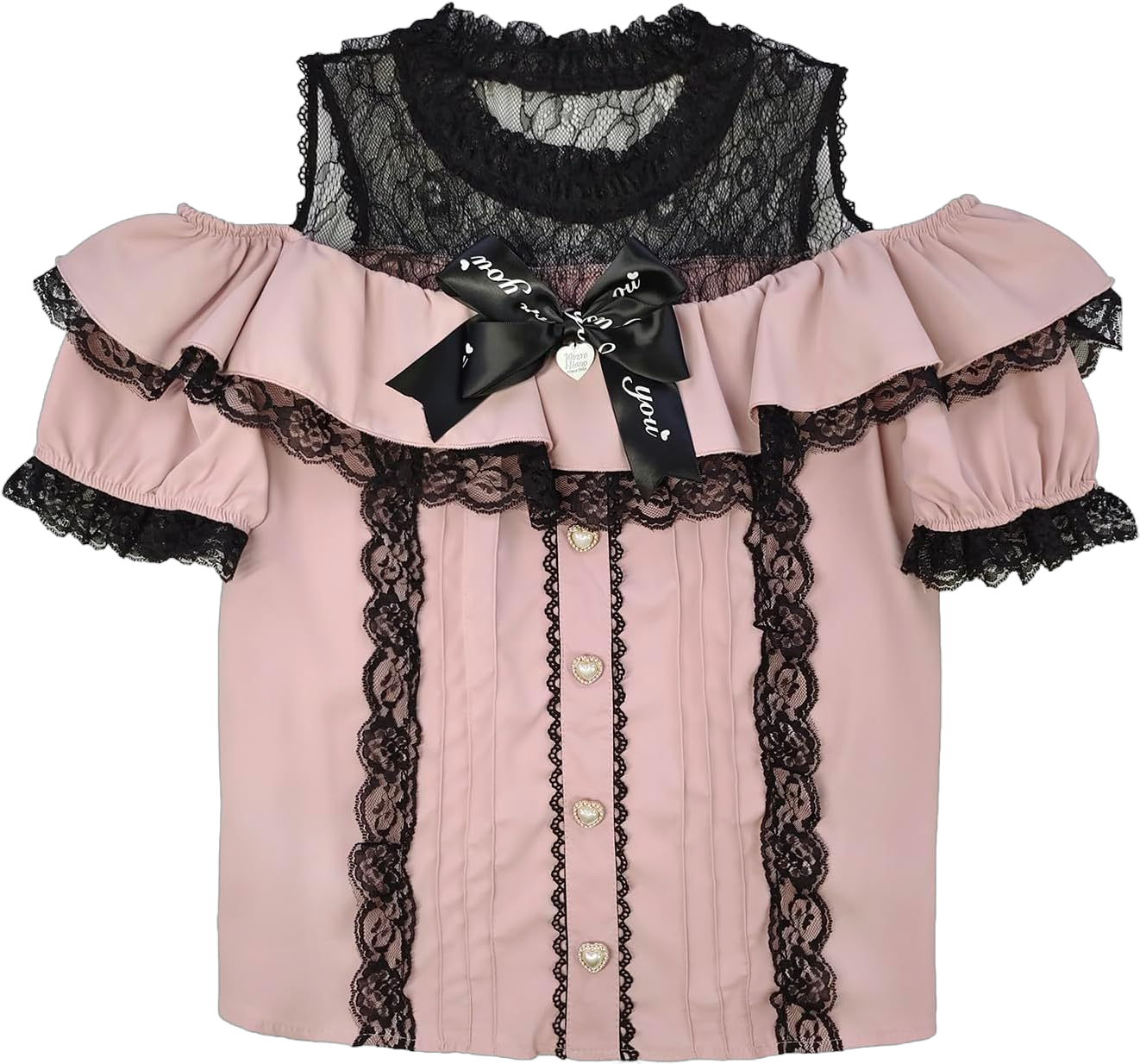 Sweet Cold Shoulder Shirt Women Lolita Lace Mesh Sheer Short Sleeve Blouse Vintage Ruffle Button Cute Tops Medium Pink