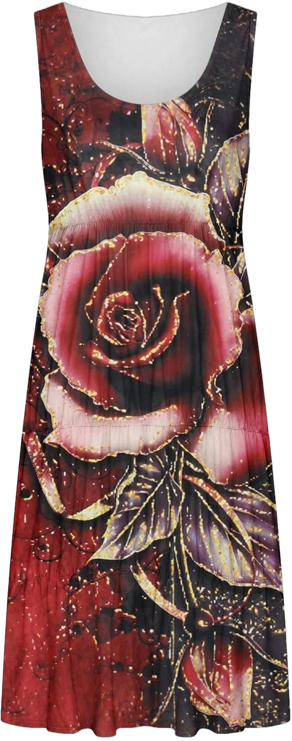 HHmei 2024 New Women's Summer Dresses Beach Casual Sleeveless Floral Print Boho Tank Dress V Neck Loose Sundress with Pocket Small 2-burgundy