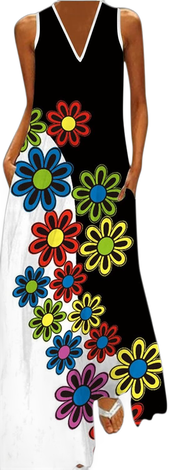Women Sun Dresses 2024 Casual Long Summer Boho Sleeveless Dress with Pockets V Neck Floral Loose Plus Size Modest Maxi Dress Large Z114-black