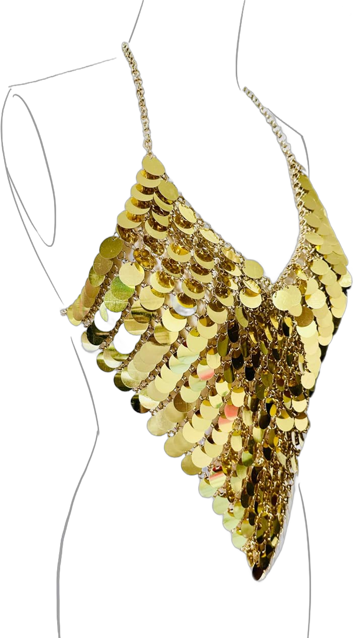 Sexy Sparkly Tops for Women Glitter Sequin Halter Top Chainmail Shirt Sparkle Disco Clubbing Outfits Chain Metallic Top Medium Gold
