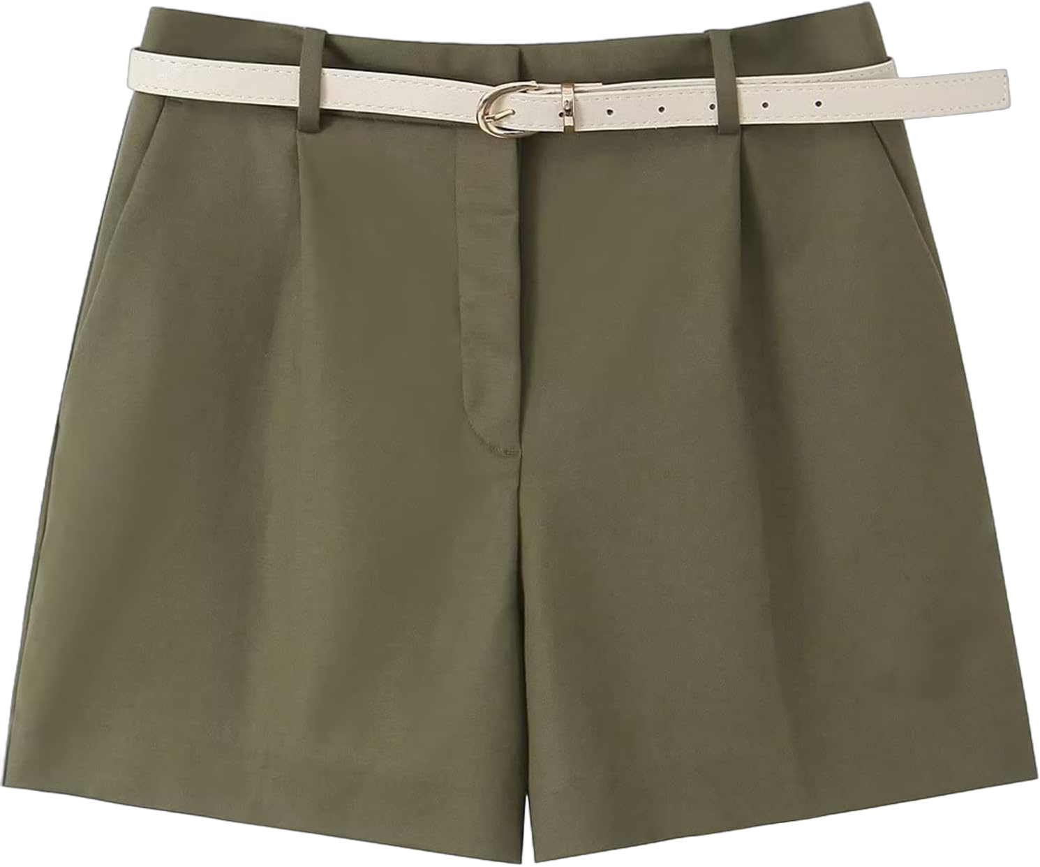 ALSOGO Women's Solid High Waisted Shorts Casual Pocketed Pleated Shorts with Belt Medium Army Green