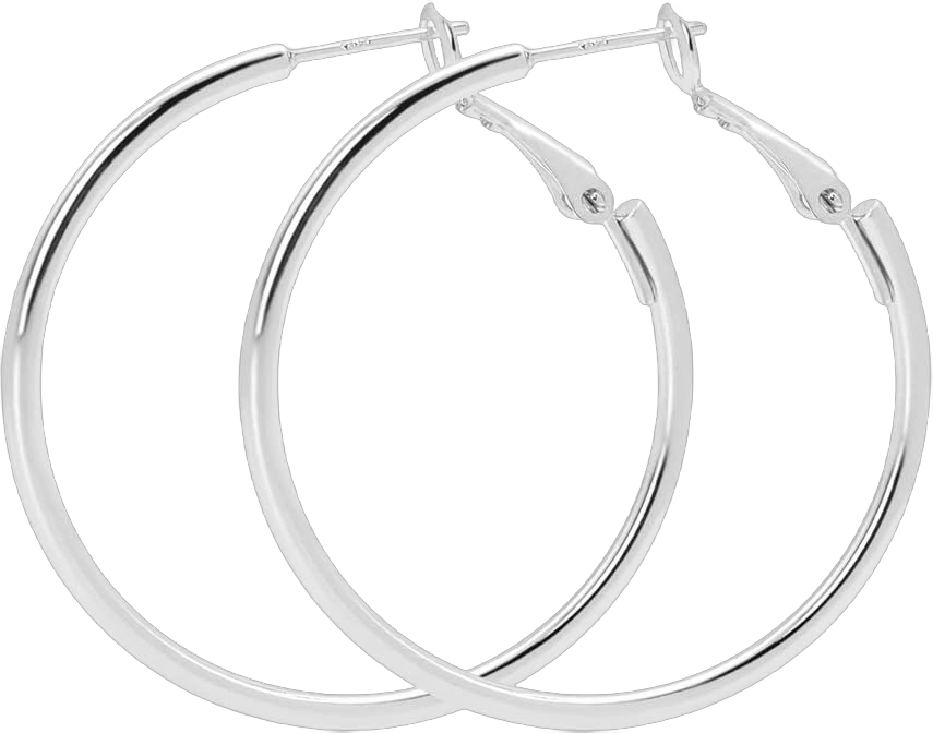 925 Sterling Silver Post Hoop Earrings, Lightweight Hoops 18K Gold Plated Polished Round Hoop Earrings For Women SILVER-1.57in