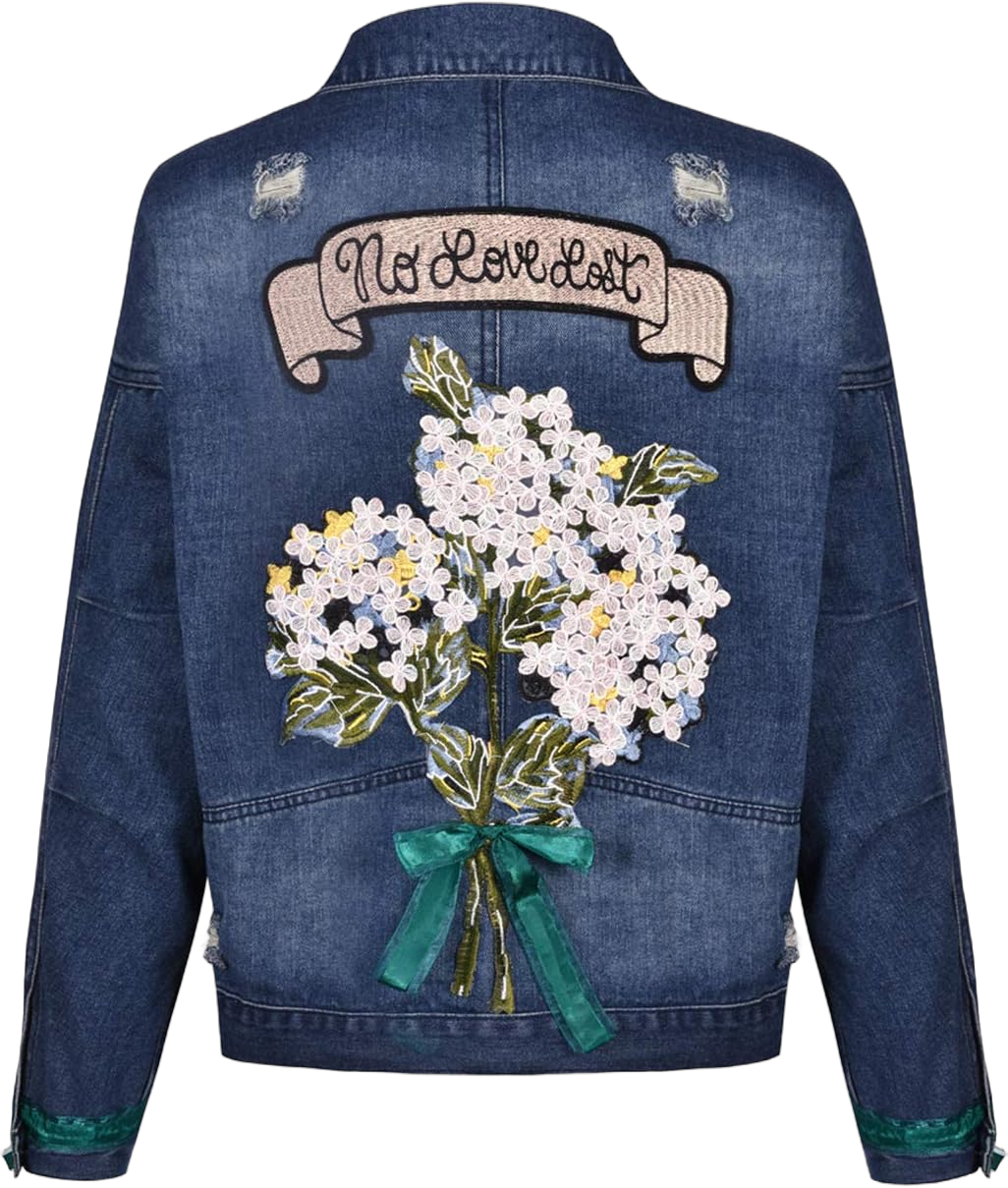 PAODIKUAI Women's Embroidered Ripped Denim Jacket Floral Embroidery Back Jean Jacket Large Dark Blue