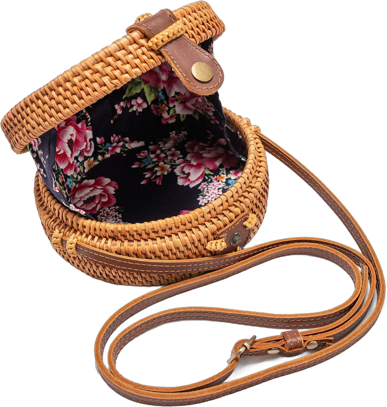 Handwoven Round Rattan Straw Crossbody Bags for Women 8” with Adjustable Two-Layer Genuine Leather Strap with Bonus - Rattan Bracelet