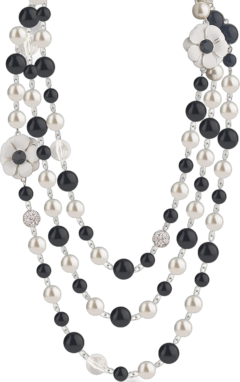 Vintage Inspired Imitation Pearl Long Strand Black and White Camellia Flower Costume Layered Necklace, Statement Multiple Strands Pendant for Women, Jewelry Gift Silver rhinestones