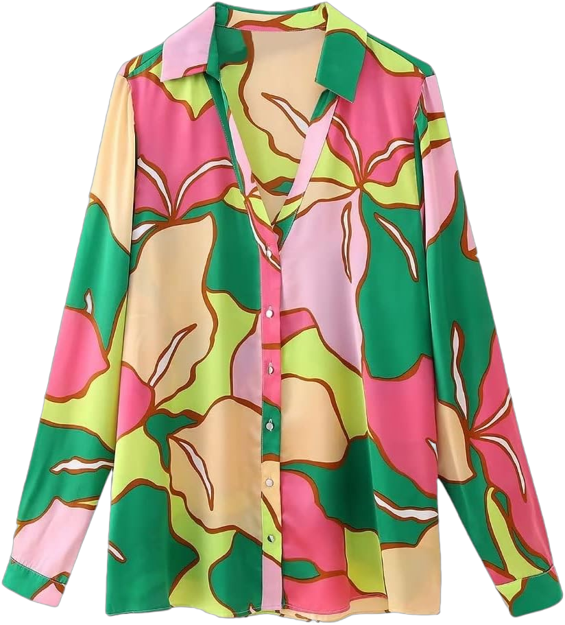 Woman Print Shirt Women Long Sleeve Satin Shirts Female Button Up Casual Loose Blouse Top Large Pink