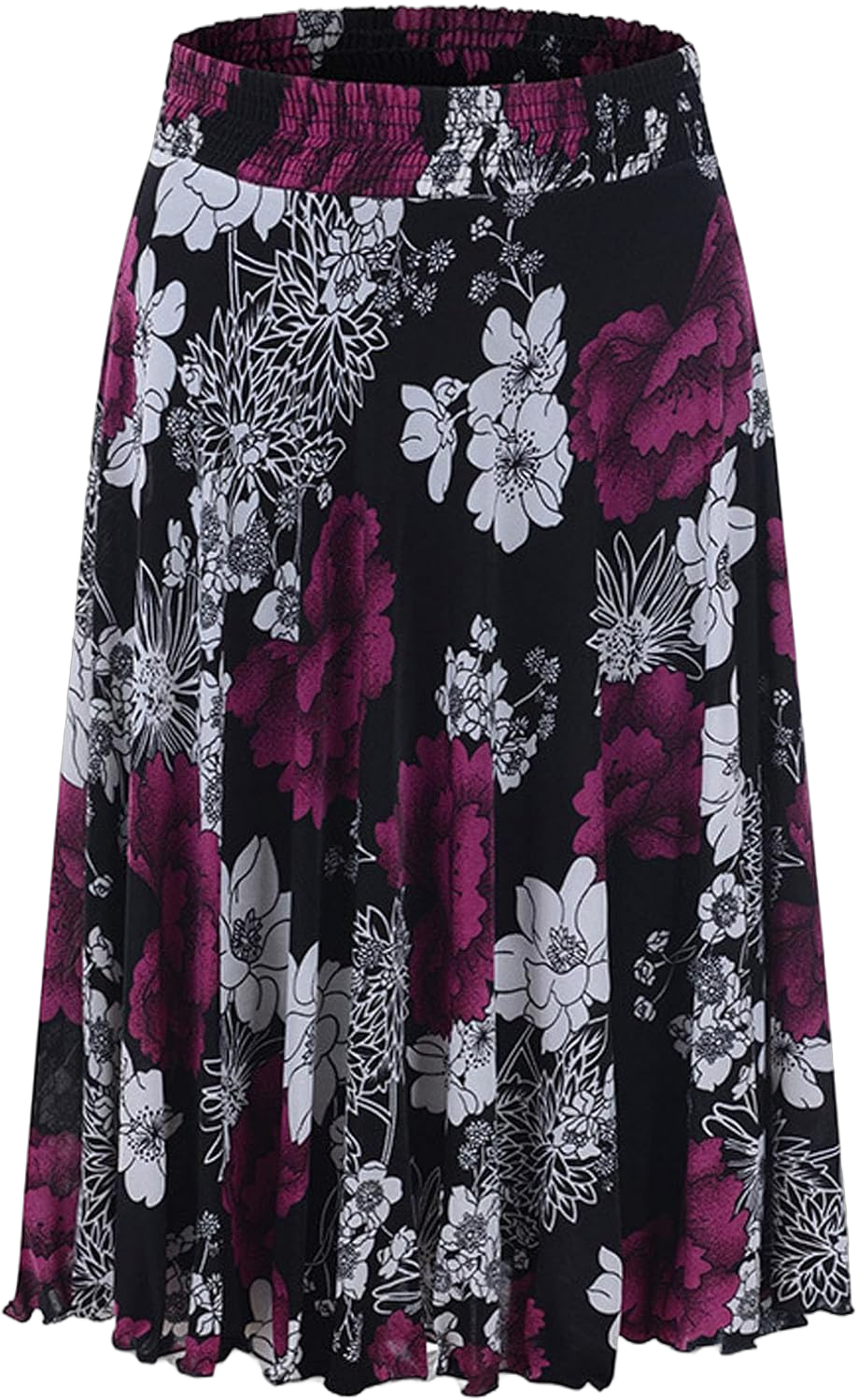 Womens Floral Print Summer Casual Midi Skirt High Waist Elastic Retro Skirts Cute Party Pleated Elastic Waist Skirt One Size Black-04