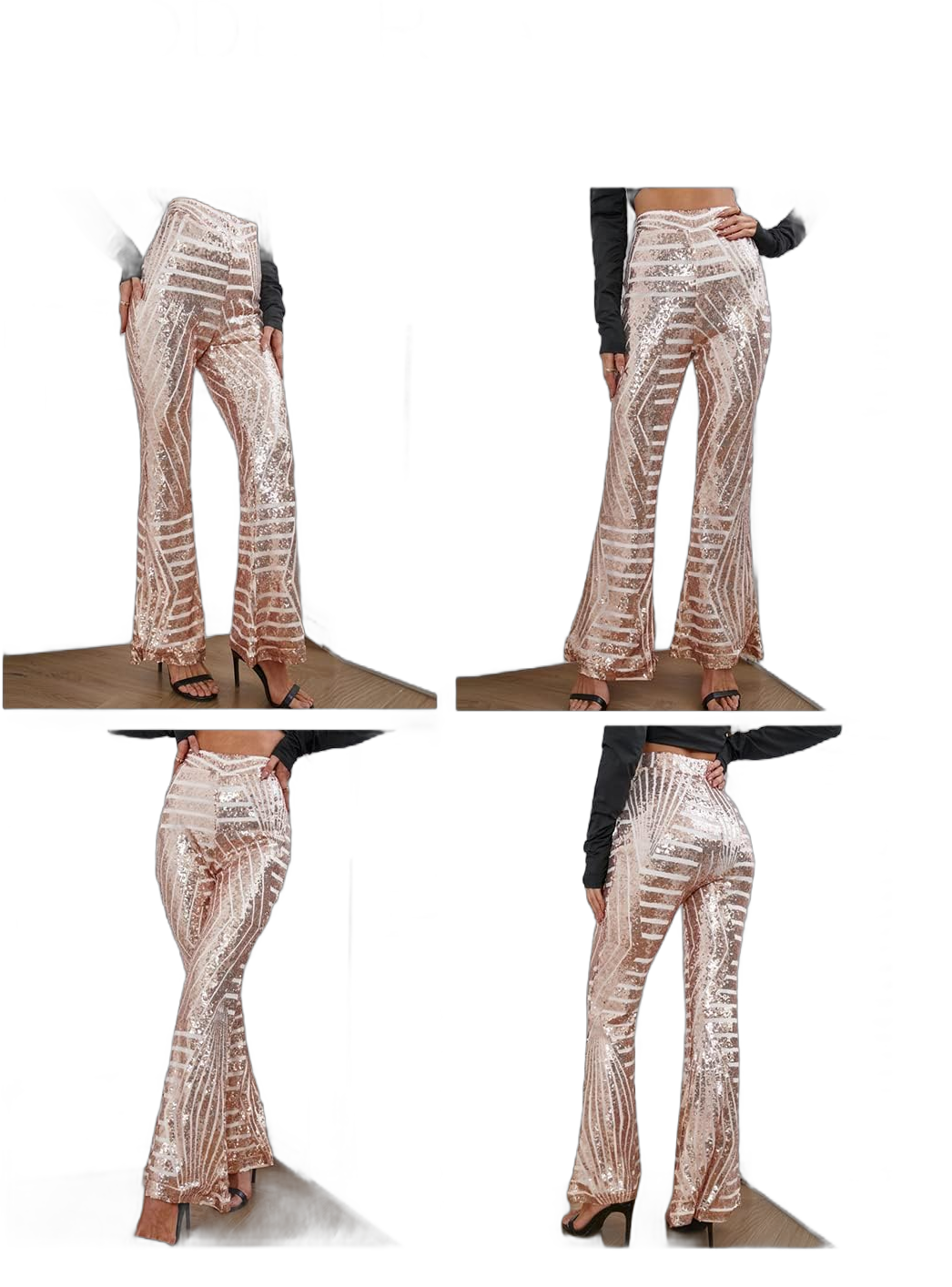 BLENCOT Women's Glitter Sequin Wide Leg Palazzo Pants High Waist Bell Bottoms Party Flared Trousers Apricot X-Large