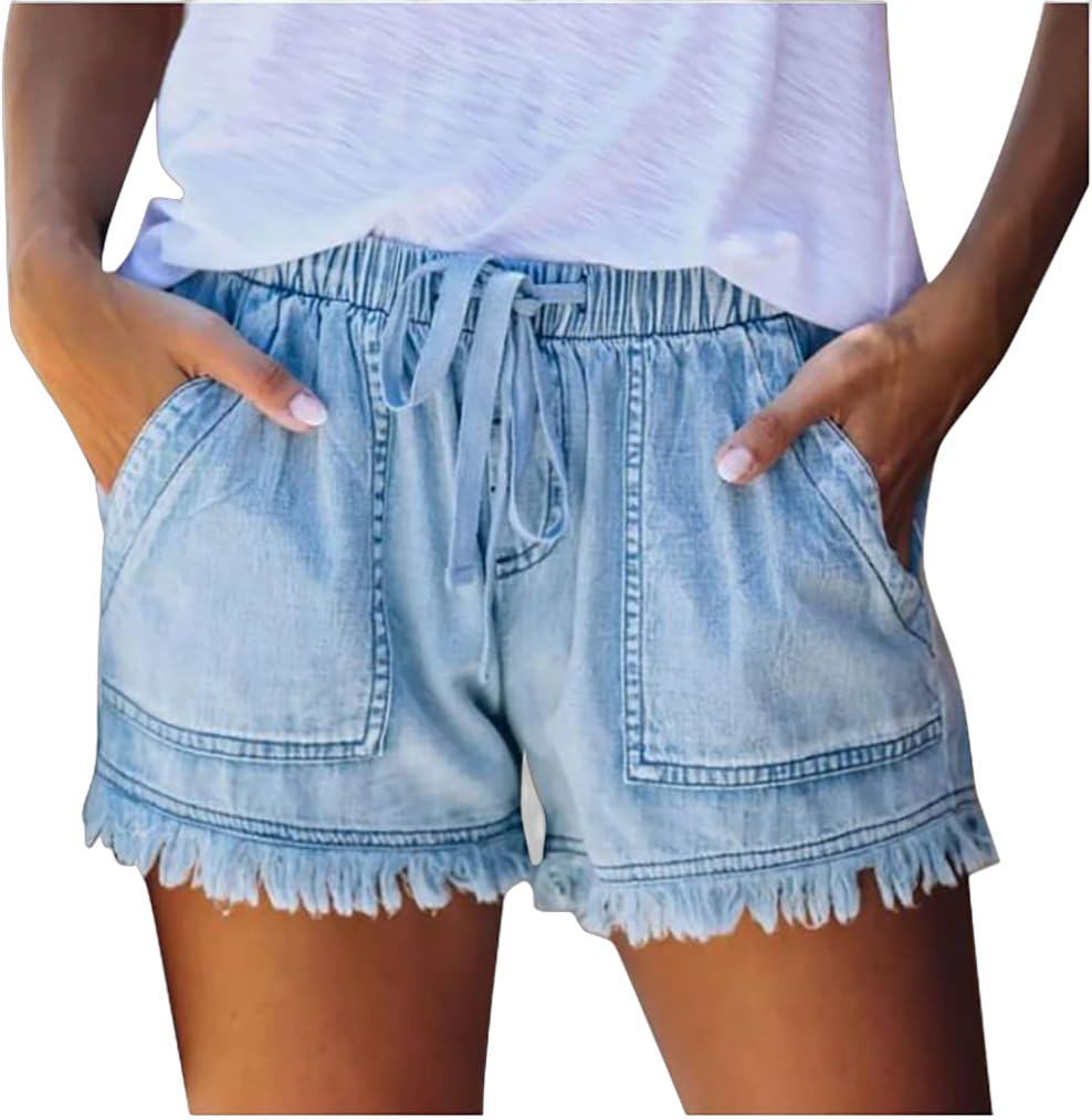 Denim Shorts for Women Fashion Frayed Summer Casual Shorts Elastic Waist Distressed Fringed Drawstring Jean Shorts X-Large Light Blue