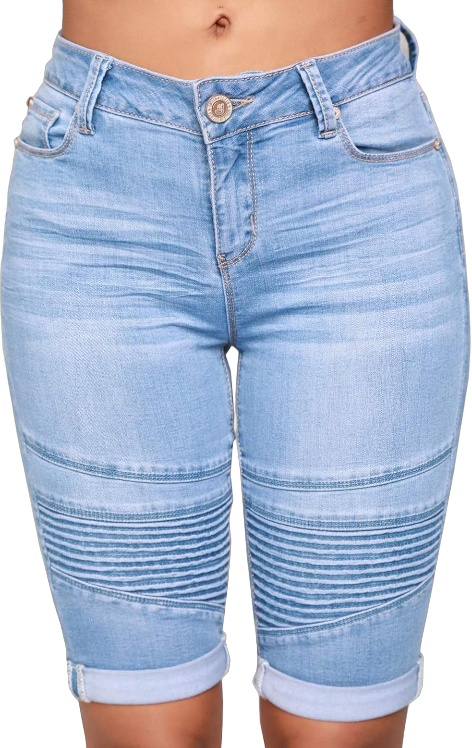 chouyatou Women's Moto Stretchy High Waist Butt-Lifting Wrinkle Cuffed Denim Bermuda Shorts Medium Light Blue