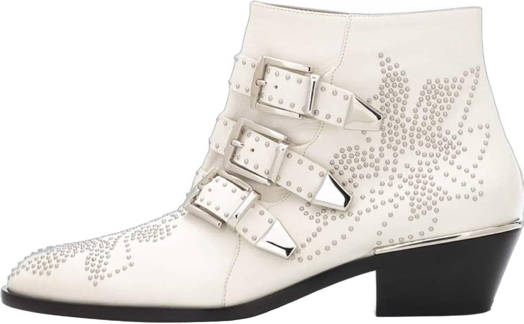 Boots for women, Women's Leather Booties Rivets Studded Shoes Metal Buckle Low Heels Ankle Boots